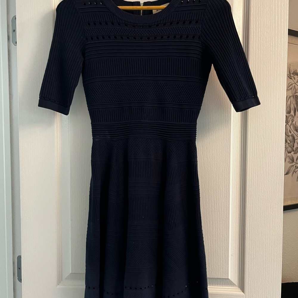 Milly Navy Textured Knit Fit-and-Flare Midi Dress